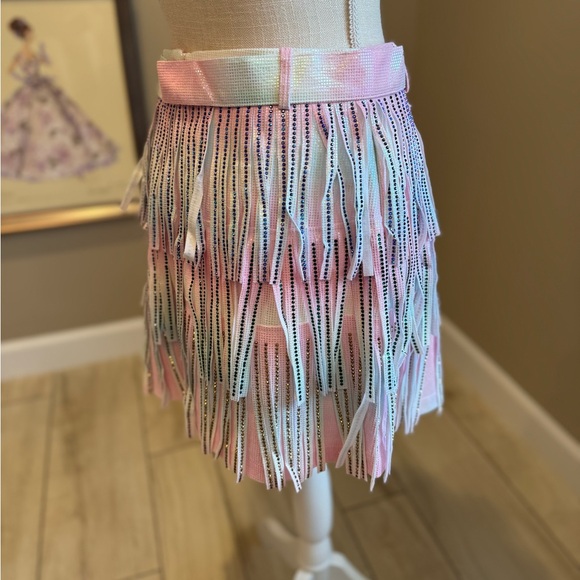 New! QUEEN OF SPARKLES Rhinestone Leather Fringe Pastel Mini Skirt - Picture 5 of 12